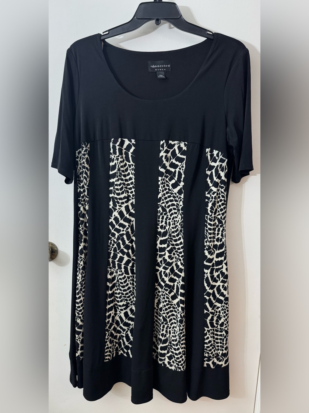 Black Midi Dress with Cream Animal-Print Panels